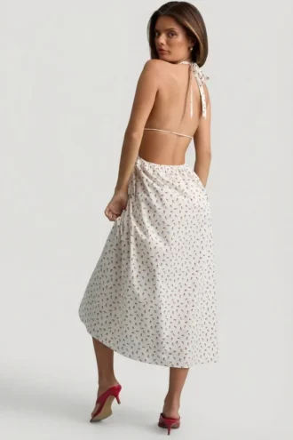 Vestido midi sin espalda de popelín de algodón Aeris con estampado de rosas