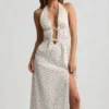 Vestido midi sin espalda de popelín de algodón Aeris con estampado de rosas