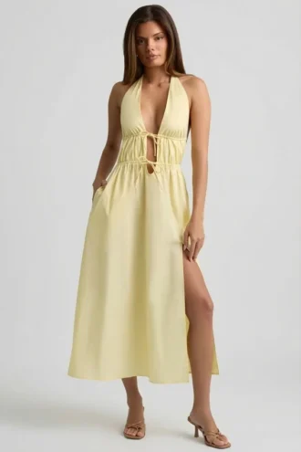 Vestido midi sin espalda de popelín de algodón Aeris en amarillo limón