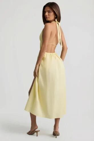 Vestido midi sin espalda de popelín de algodón Aeris en amarillo limón