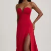 Vestido midi sin tirantes de corte A en jersey elástico Joely en rojo intenso
