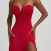 Vestido midi sin tirantes de corte A en jersey elástico Joely en rojo intenso