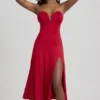 Vestido midi sin tirantes de corte A en jersey elástico Joely en rojo intenso