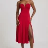 Vestido midi sin tirantes de corte A en jersey elástico Joely en rojo intenso