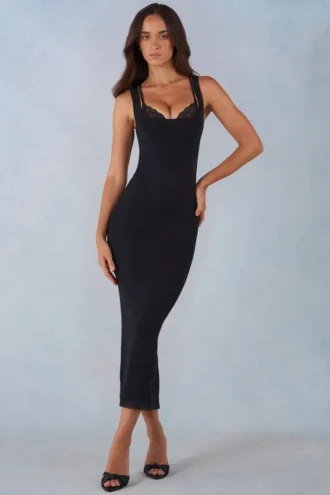 Vestido midi Sorelle con ribete de encaje modal en negro