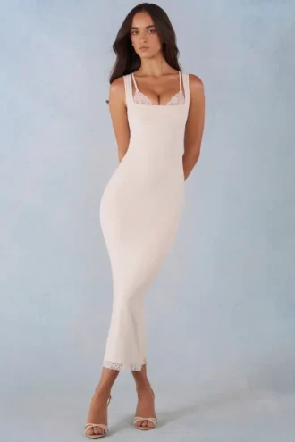 Vestido midi Sorelle de modal con ribete de encaje en color marfil