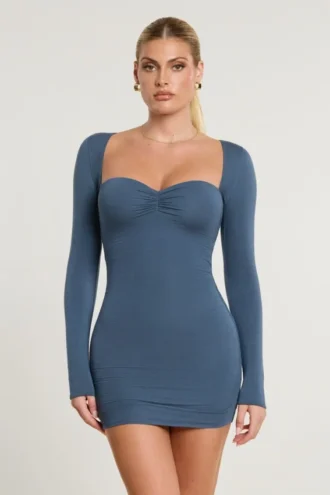 Vestido Perrie de manga larga con fruncidos en mezcla de modal y cachemira en azul marino francés
