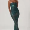 Vestido sin tirantes con adornos Marleni en verde esmeralda