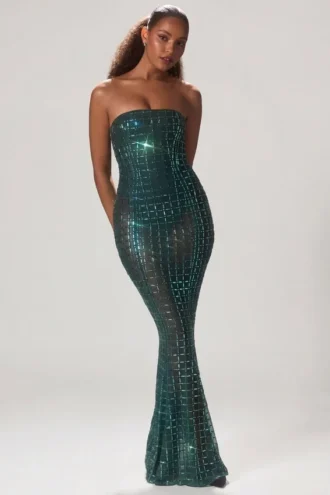 Vestido sin tirantes con adornos Marleni en verde esmeralda