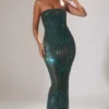 Vestido sin tirantes con adornos Marleni en verde esmeralda