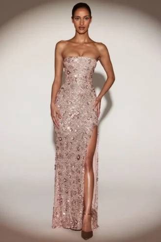 Vestido sin tirantes con cuello bandeau y adornos Solenna en oro rosa