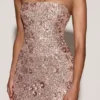Vestido sin tirantes con cuello bandeau y adornos Solenna en oro rosa