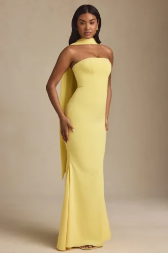 Vestido sin tirantes con detalle de pañuelo Imogene en amarillo pastel