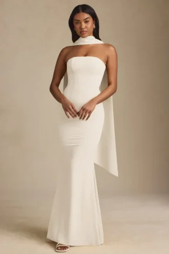 Vestido sin tirantes con detalle de pañuelo Imogene en color marfil