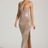 Vestido sin tirantes con escote pronunciado y adornos Lucile en color almendra