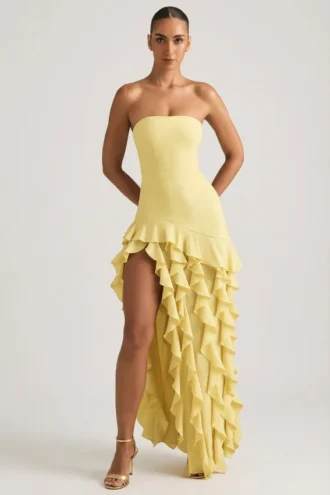 Vestido sin tirantes con volantes Diletta en amarillo pastel
