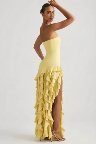 Vestido sin tirantes con volantes Diletta en amarillo pastel
