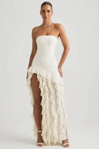 Vestido sin tirantes con volantes Diletta en color marfil
