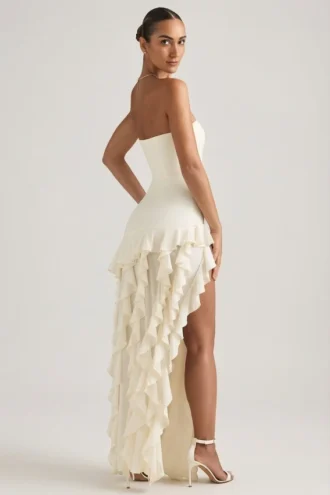 Vestido sin tirantes con volantes Diletta en color marfil