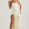 Vestido sin tirantes con volantes Diletta en color marfil