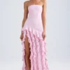 Vestido sin tirantes con volantes Diletta en rosa claro