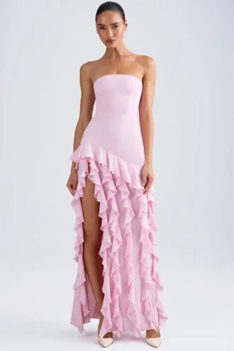 Vestido sin tirantes con volantes Diletta en rosa claro