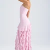 Vestido sin tirantes con volantes Diletta en rosa claro