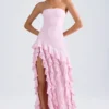 Vestido sin tirantes con volantes Diletta en rosa claro