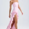 Vestido sin tirantes con volantes Diletta en rosa claro