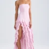 Vestido sin tirantes con volantes Diletta en rosa claro