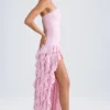 Vestido sin tirantes con volantes Diletta en rosa claro